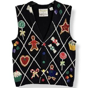 Vintage Marisa‎ Christina Rainbow Christmas Vest Size M Lollipop Gingerbread 90s